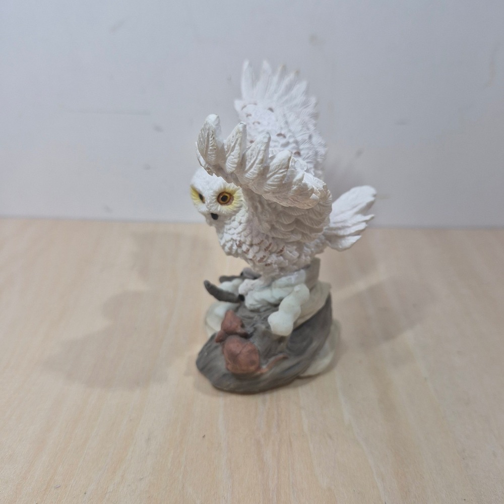Snowy Owl Figurine with Mouse White Bird on Branch Nature Statue 4.5 Inch - Picture 2 of 6